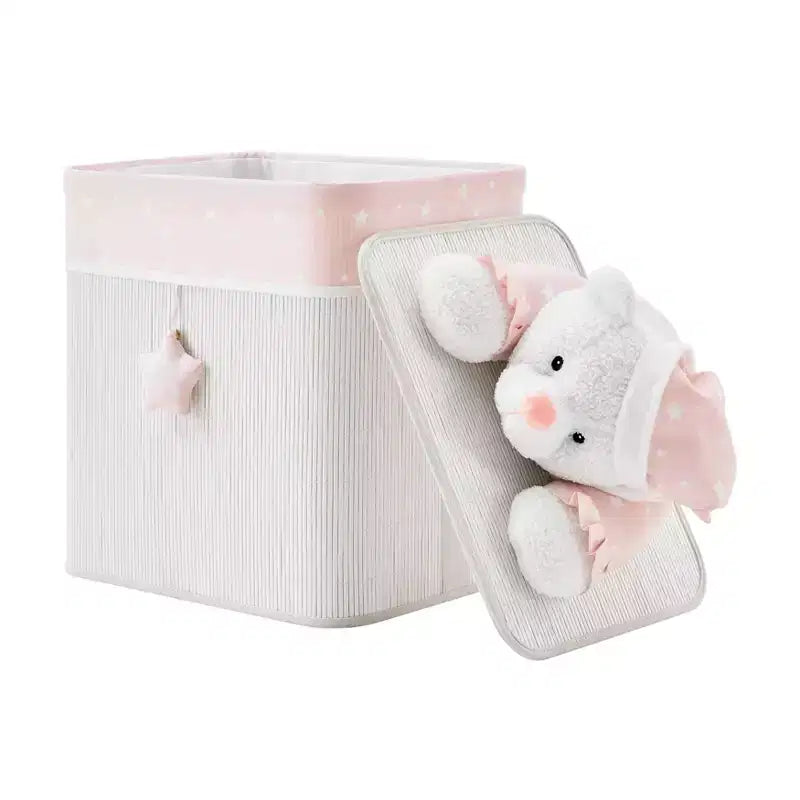 Cesto portabiancheria e portagiochi pieghevole in bambù per bambini con manici, motivo orsetto rosa e crema