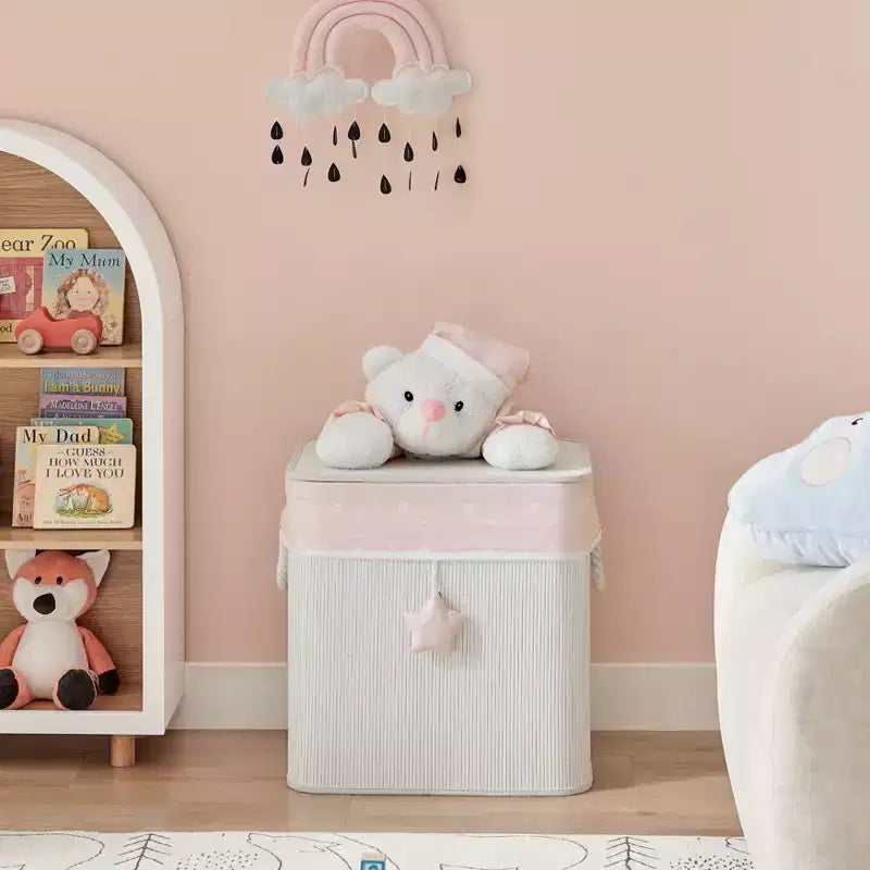 Cesto portabiancheria e portagiochi pieghevole in bambù per bambini con manici, motivo orsetto rosa e crema