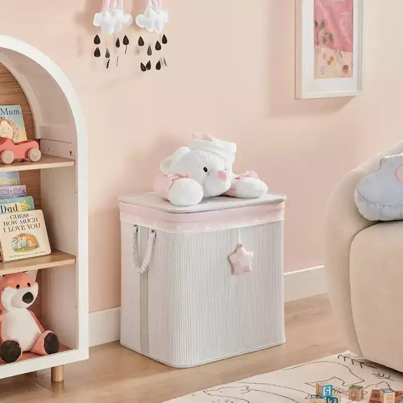 Cesto portabiancheria e portagiochi pieghevole in bambù per bambini con manici, motivo orsetto rosa e crema