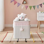 Cesto portabiancheria e portagiochi pieghevole in bambù per bambini con manici, motivo orsetto rosa e crema