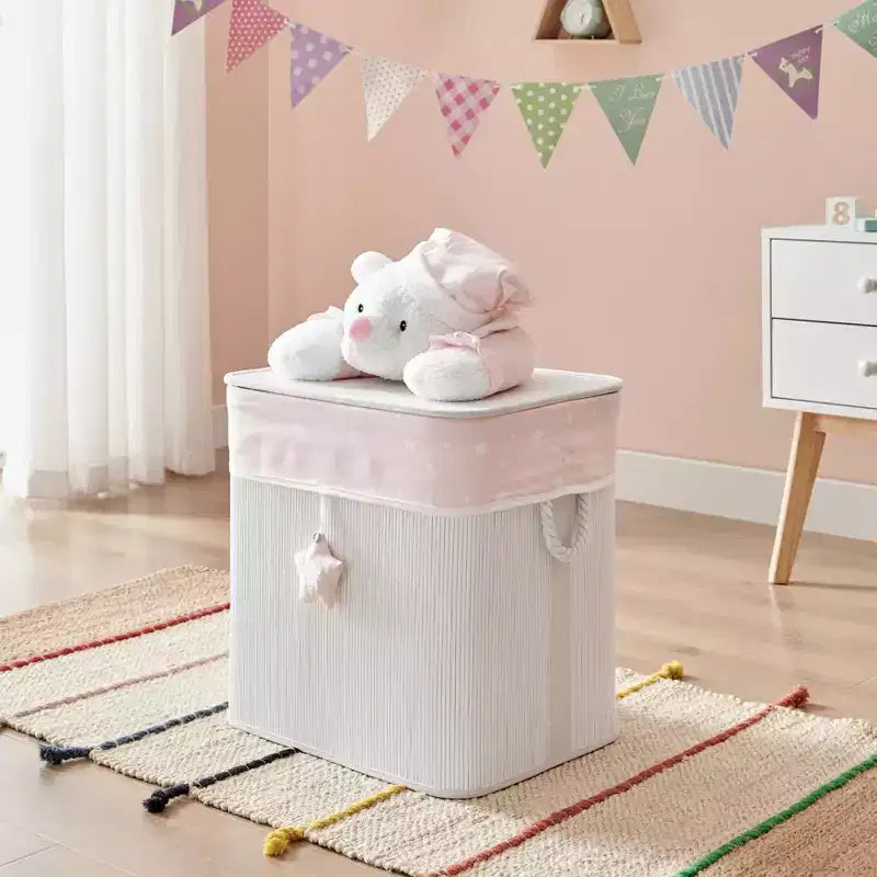 Cesto portabiancheria e portagiochi pieghevole in bambù per bambini con manici, motivo orsetto rosa e crema