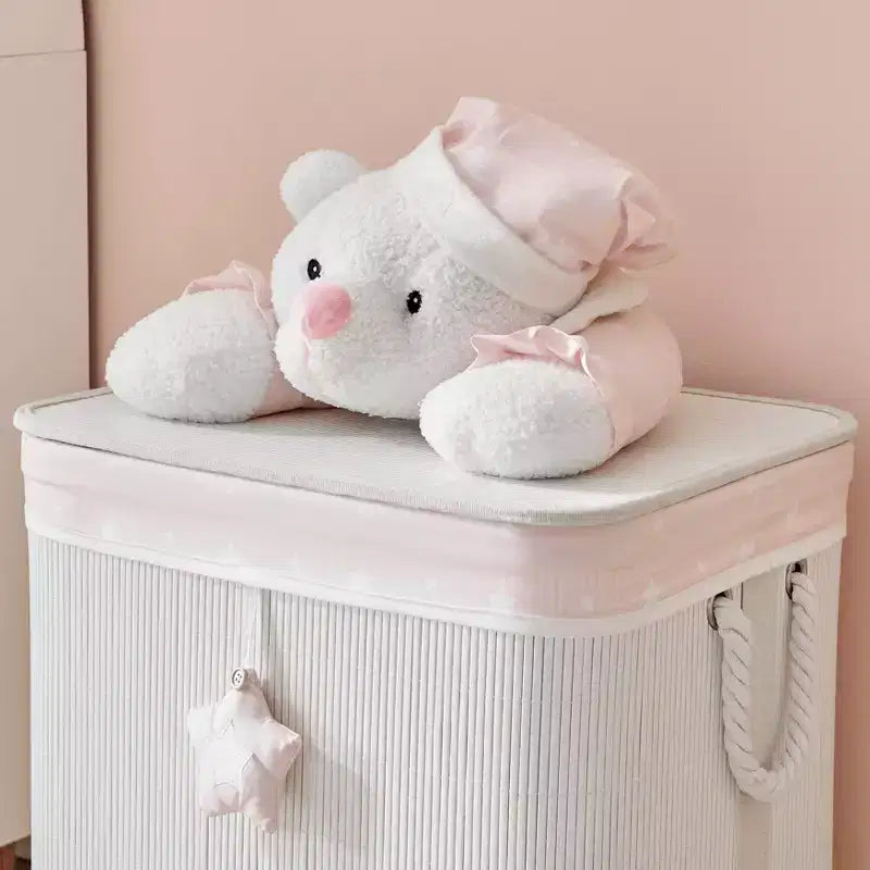 Cesto portabiancheria e portagiochi pieghevole in bambù per bambini con manici, motivo orsetto rosa e crema