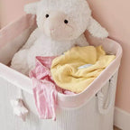 Cesto portabiancheria e portagiochi pieghevole in bambù per bambini con manici, motivo orsetto rosa e crema