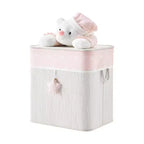 Cesto portabiancheria e portagiochi pieghevole in bambù per bambini con manici, motivo orsetto rosa e crema