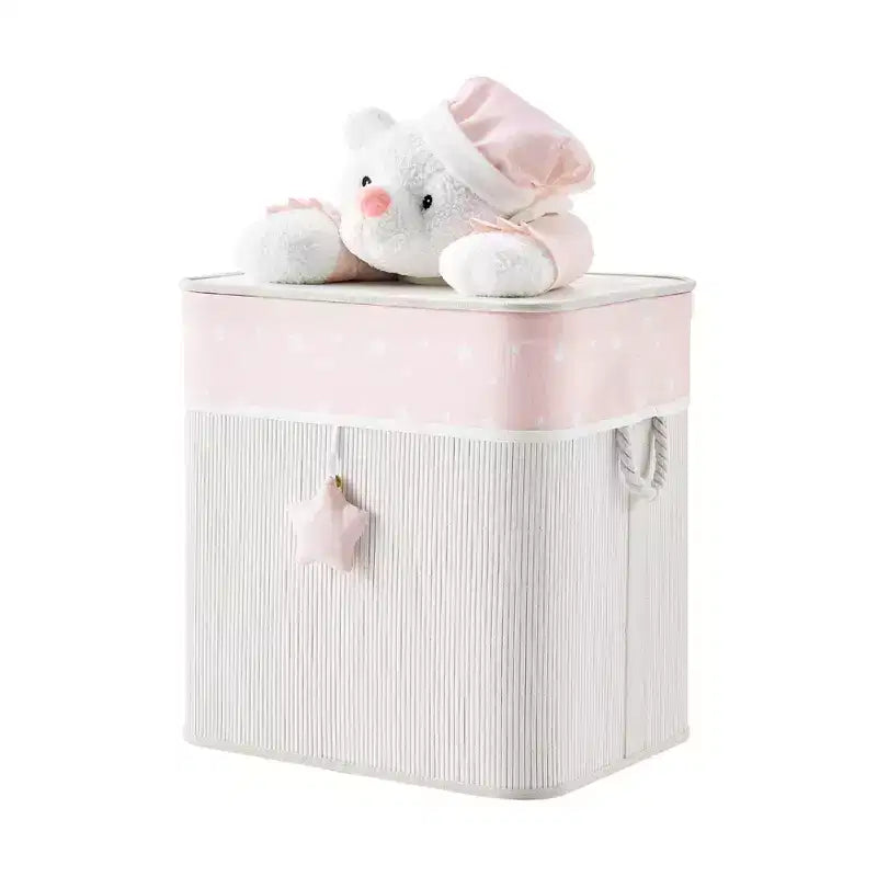Cesto portabiancheria e portagiochi pieghevole in bambù per bambini con manici, motivo orsetto rosa e crema