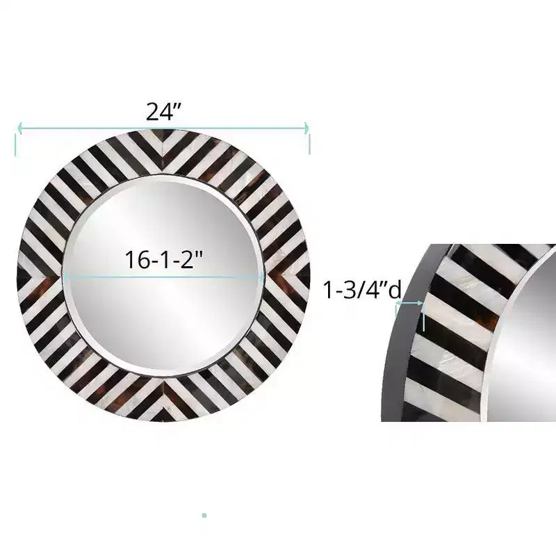 Specchio da parete rotondo smussato Julianna da 24" con cornice in corno bianco e nero e conchiglia
