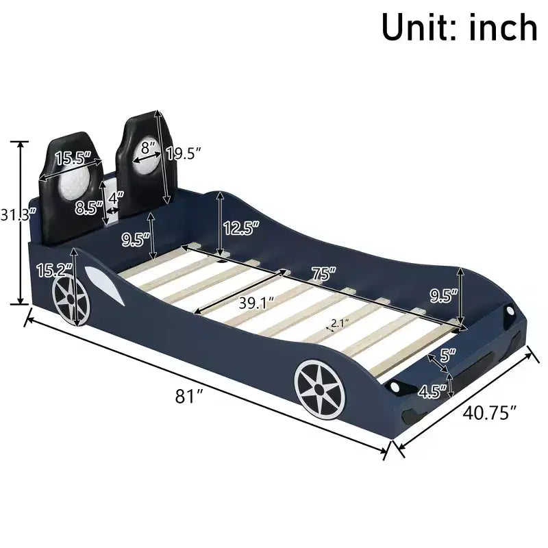 Letto a piattaforma a forma di auto da corsa per bambini in legno, con LED e schienale imbottito