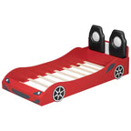 Letto a piattaforma a forma di auto da corsa per bambini in legno, con LED e schienale imbottito