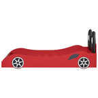 Letto a piattaforma a forma di auto da corsa per bambini in legno, con LED e schienale imbottito