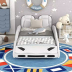 Letto a piattaforma a forma di auto da corsa per bambini in legno, con LED e schienale imbottito