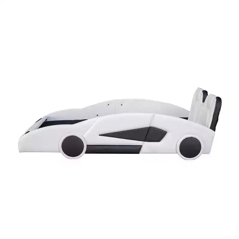 Letto a piattaforma a forma di auto da corsa per bambini in legno, con LED e schienale imbottito