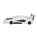 Letto a piattaforma a forma di auto da corsa per bambini in legno, con LED e schienale imbottito