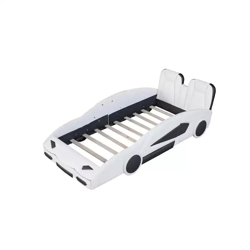 Letto a piattaforma a forma di auto da corsa per bambini in legno, con LED e schienale imbottito