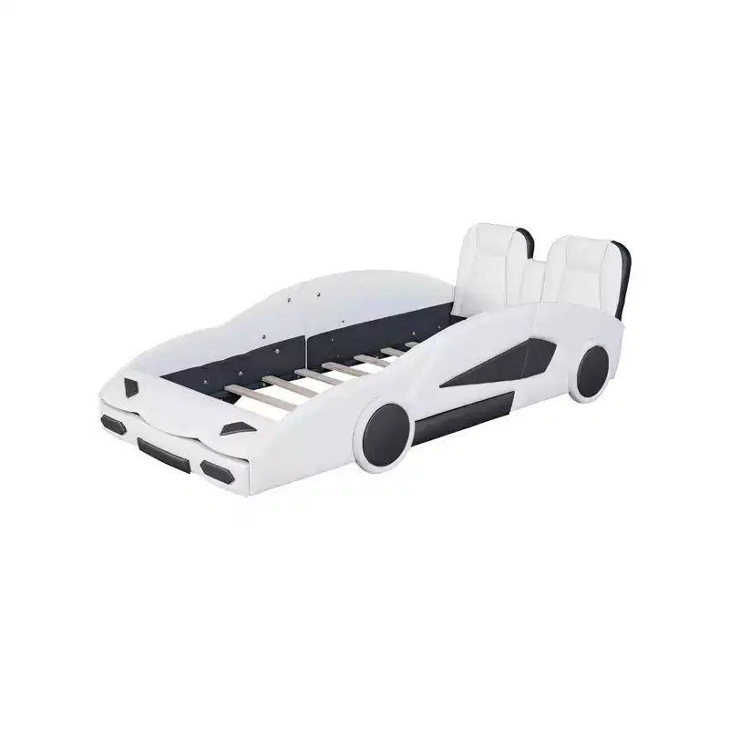 Letto a piattaforma a forma di auto da corsa per bambini in legno, con LED e schienale imbottito