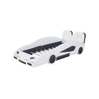 Letto a piattaforma a forma di auto da corsa per bambini in legno, con LED e schienale imbottito