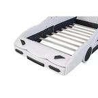 Letto a piattaforma a forma di auto da corsa per bambini in legno, con LED e schienale imbottito
