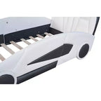 Letto a piattaforma a forma di auto da corsa per bambini in legno, con LED e schienale imbottito