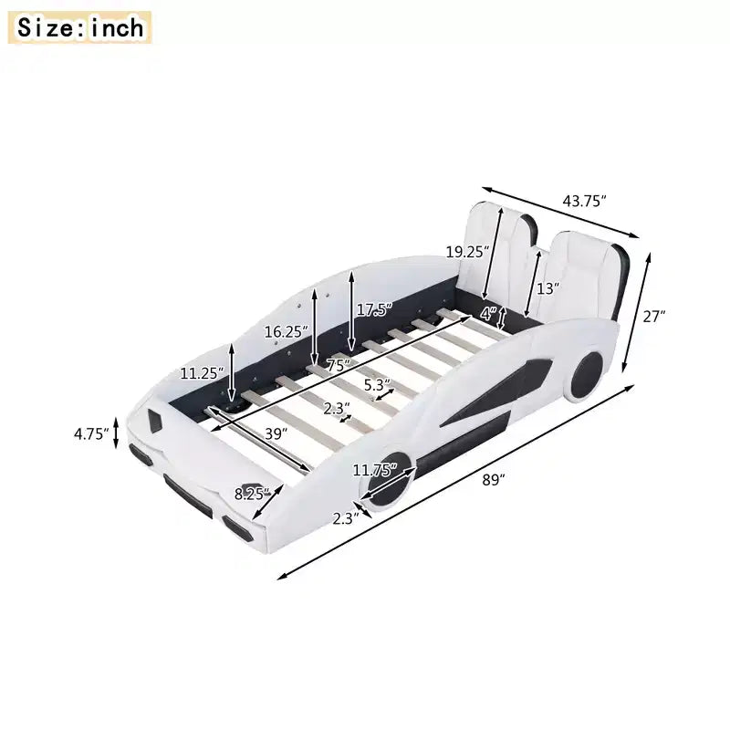 Letto a piattaforma a forma di auto da corsa per bambini in legno, con LED e schienale imbottito