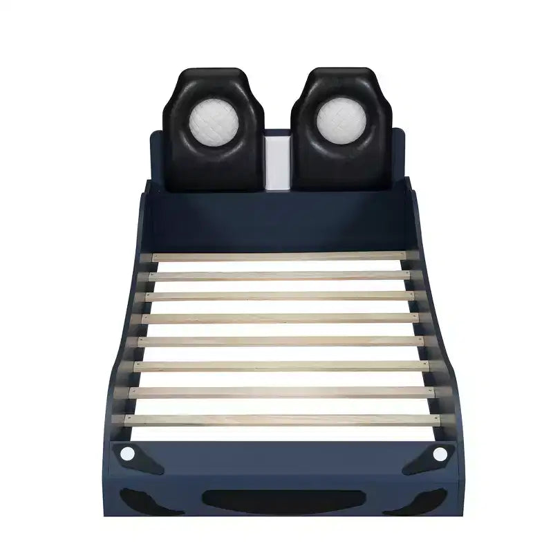 Letto a piattaforma a forma di auto da corsa per bambini in legno, con LED e schienale imbottito
