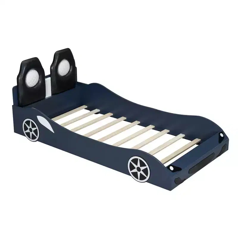 Letto a piattaforma a forma di auto da corsa per bambini in legno, con LED e schienale imbottito