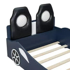 Letto a piattaforma a forma di auto da corsa per bambini in legno, con LED e schienale imbottito