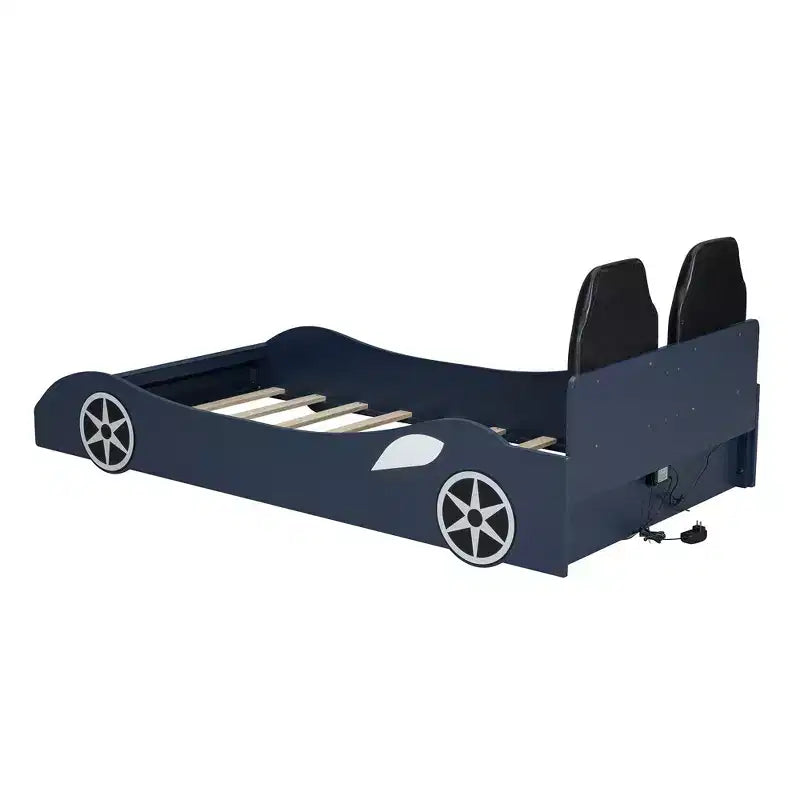 Letto a piattaforma a forma di auto da corsa per bambini in legno, con LED e schienale imbottito