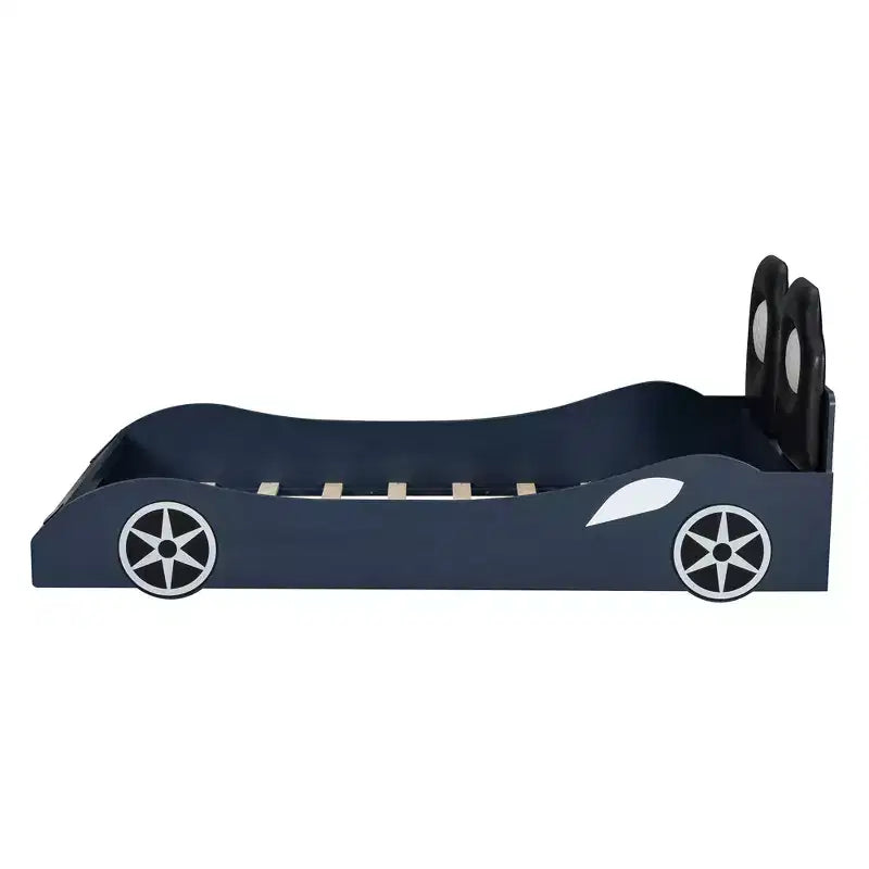 Letto a piattaforma a forma di auto da corsa per bambini in legno, con LED e schienale imbottito