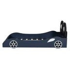 Letto a piattaforma a forma di auto da corsa per bambini in legno, con LED e schienale imbottito