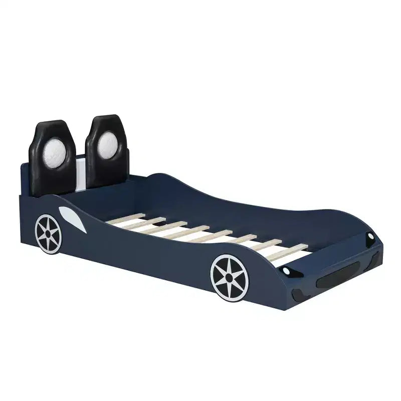 Letto a piattaforma a forma di auto da corsa per bambini in legno, con LED e schienale imbottito