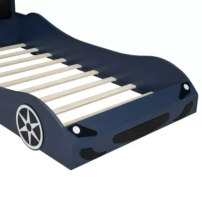 Letto a piattaforma a forma di auto da corsa per bambini in legno, con LED e schienale imbottito