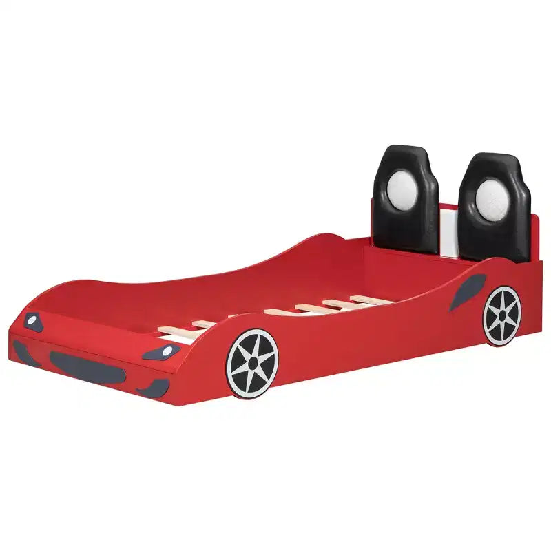 Letto a piattaforma a forma di auto da corsa per bambini in legno, con LED e schienale imbottito