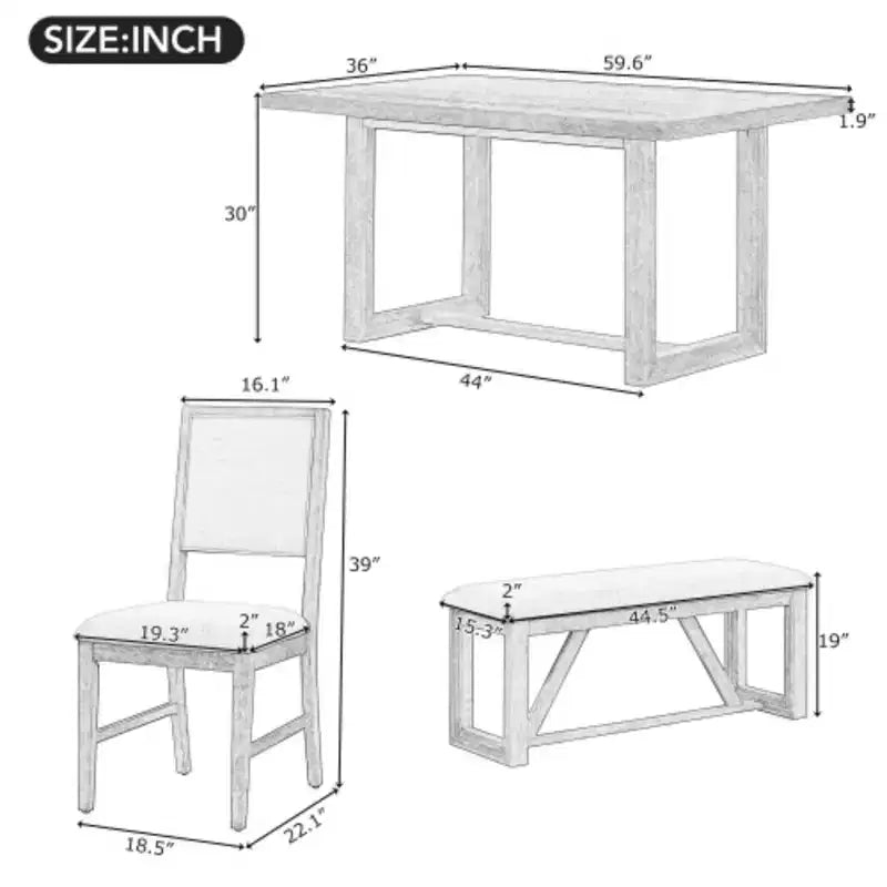 Set da pranzo retrò da 6 pezzi, tavolo rettangolare con base a cavalletto, 4 sedie imbottite e 1 panca, perfetto per sale da pranzo e cucine