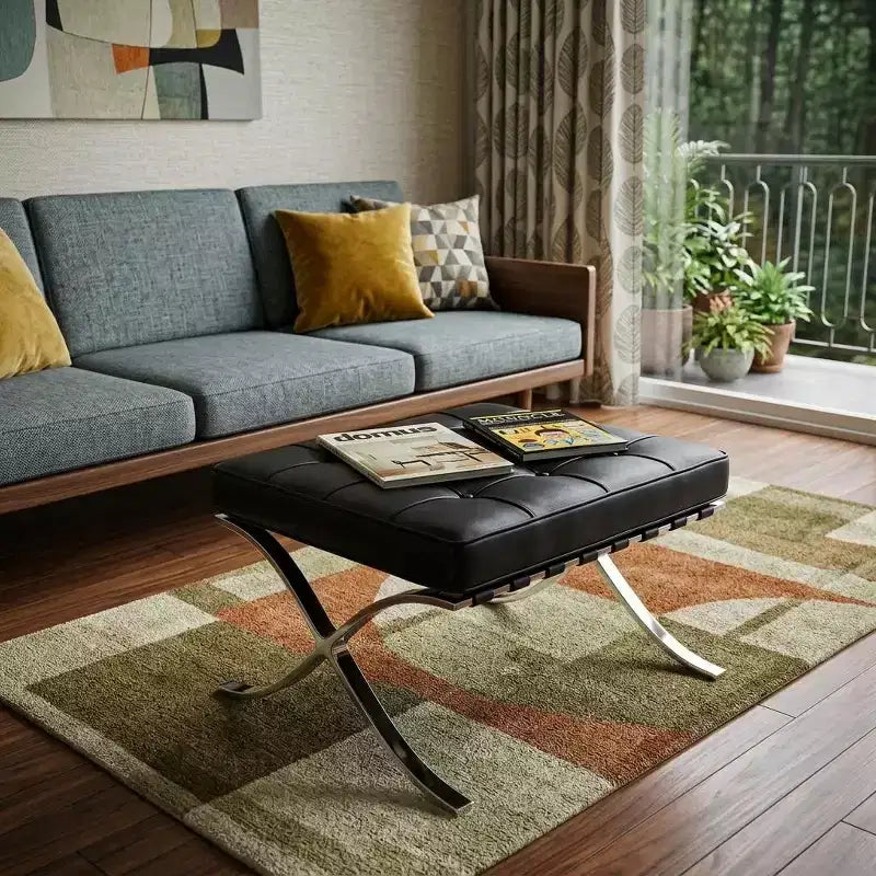 Poggiapiedi Pouf in Vera Pelle Nera e Argento, con Bottoni, 24"