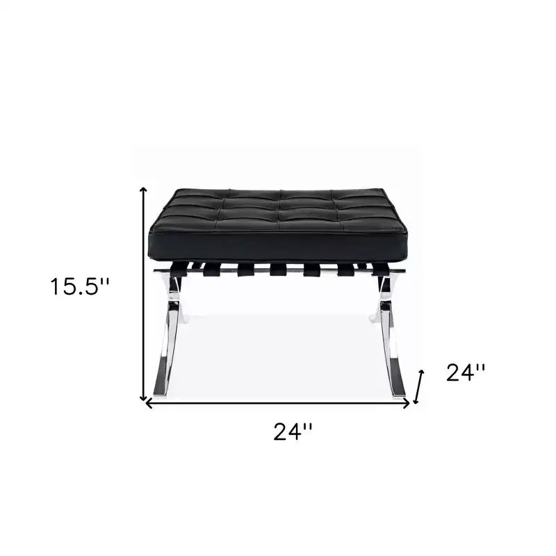 Poggiapiedi Pouf in Vera Pelle Nera e Argento, con Bottoni, 24"