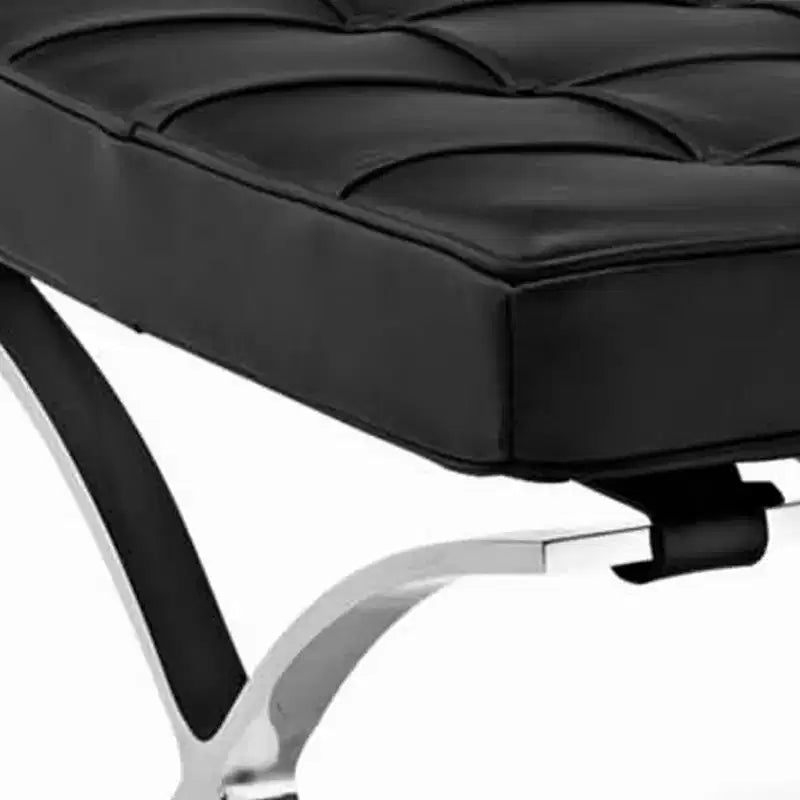 Poggiapiedi Pouf in Vera Pelle Nera e Argento, con Bottoni, 24"