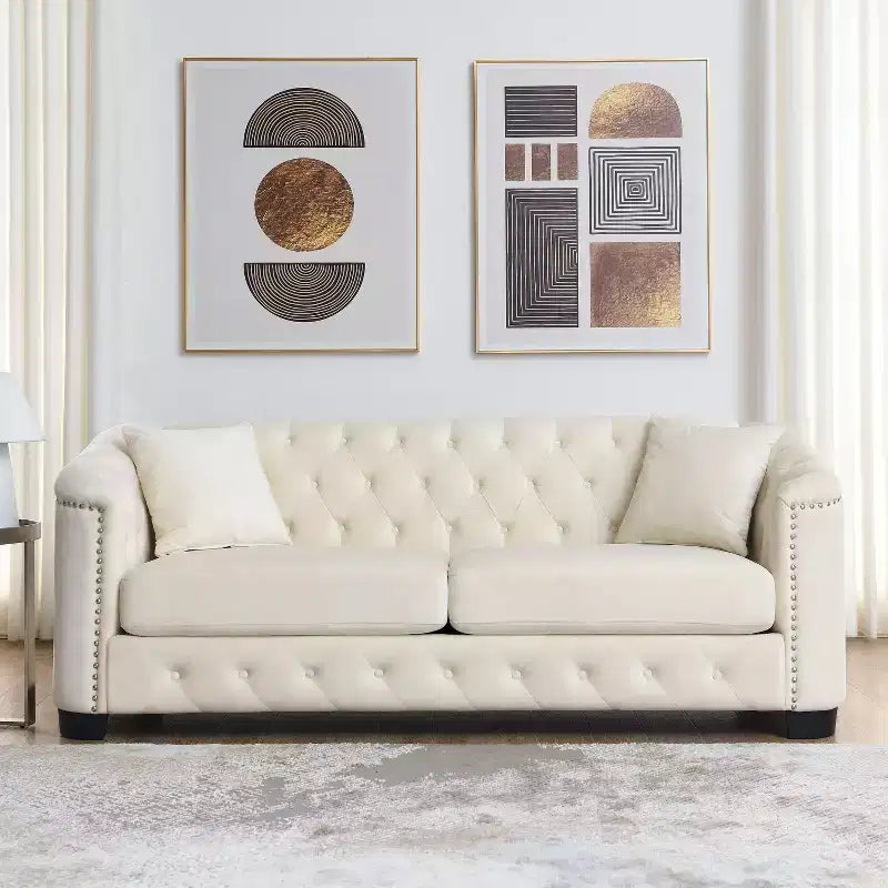 77-Inch Modern Chesterfield Velvet Sofa, 3-Seater Sofa, Upholstered Tufted Backrests with Nailhead Arms and 2 Cushions for Living Room