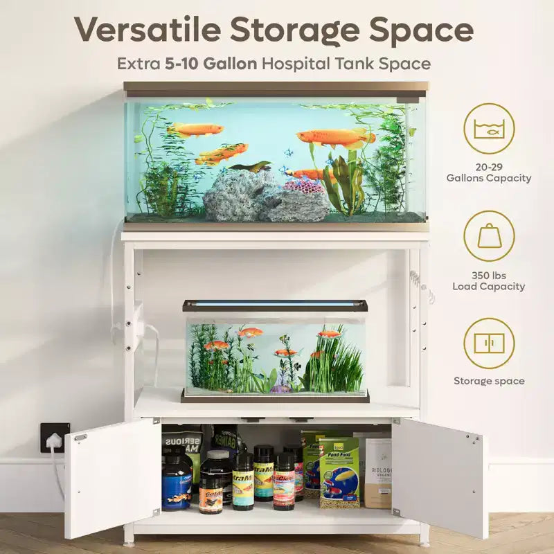 Supporto per acquario da galloni con presa di corrente, Scaffale nero per acquario con armadietti, Supporto rettangolare per acquario con piedino regolabile e 4 ganci