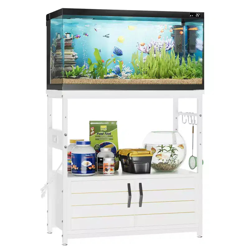 Supporto per acquario da galloni con presa di corrente, Scaffale nero per acquario con armadietti, Supporto rettangolare per acquario con piedino regolabile e 4 ganci