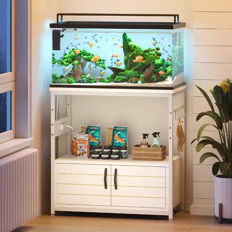 Supporto per acquario da galloni con presa di corrente, Scaffale nero per acquario con armadietti, Supporto rettangolare per acquario con piedino regolabile e 4 ganci