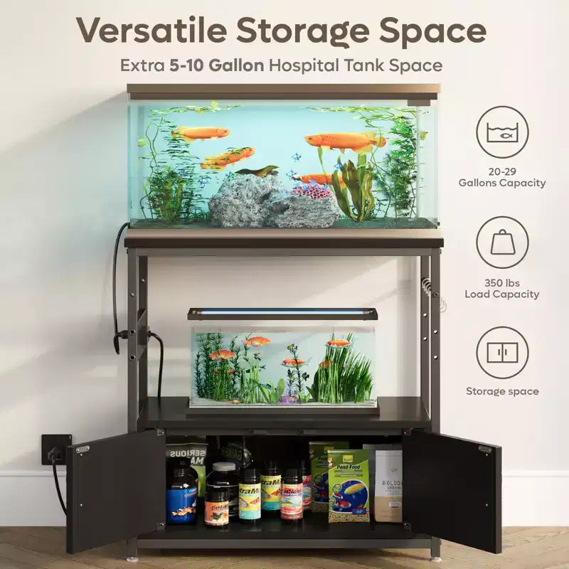 Supporto per acquario da galloni con presa di corrente, Scaffale nero per acquario con armadietti, Supporto rettangolare per acquario con piedino regolabile e 4 ganci