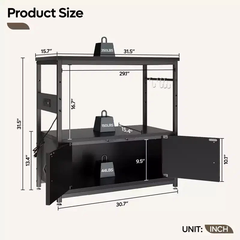 Supporto per acquario da galloni con presa di corrente, Scaffale nero per acquario con armadietti, Supporto rettangolare per acquario con piedino regolabile e 4 ganci