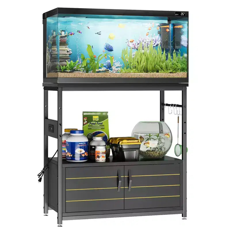 Supporto per acquario da galloni con presa di corrente, Scaffale nero per acquario con armadietti, Supporto rettangolare per acquario con piedino regolabile e 4 ganci