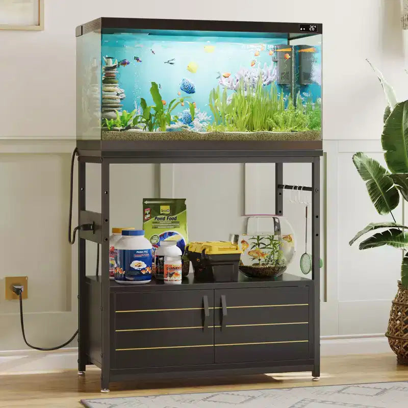 Supporto per acquario da galloni con presa di corrente, Scaffale nero per acquario con armadietti, Supporto rettangolare per acquario con piedino regolabile e 4 ganci