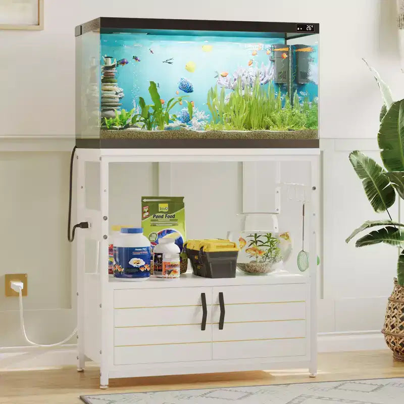 Supporto per acquario da galloni con presa di corrente, Scaffale nero per acquario con armadietti, Supporto rettangolare per acquario con piedino regolabile e 4 ganci
