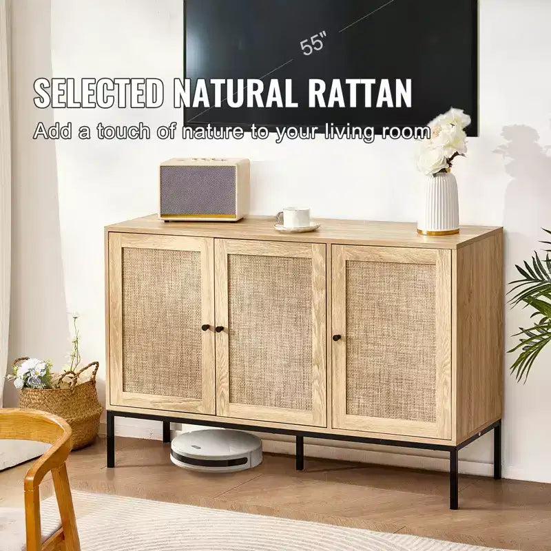 Mobiletto in Rattan, Mobile Credenza in Rattan con 3 Ante Magnetiche e Ripiani Regolabili, Credenza a Buffet per Ingresso, Corridoio