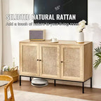 Mobiletto in Rattan, Mobile Credenza in Rattan con 3 Ante Magnetiche e Ripiani Regolabili, Credenza a Buffet per Ingresso, Corridoio