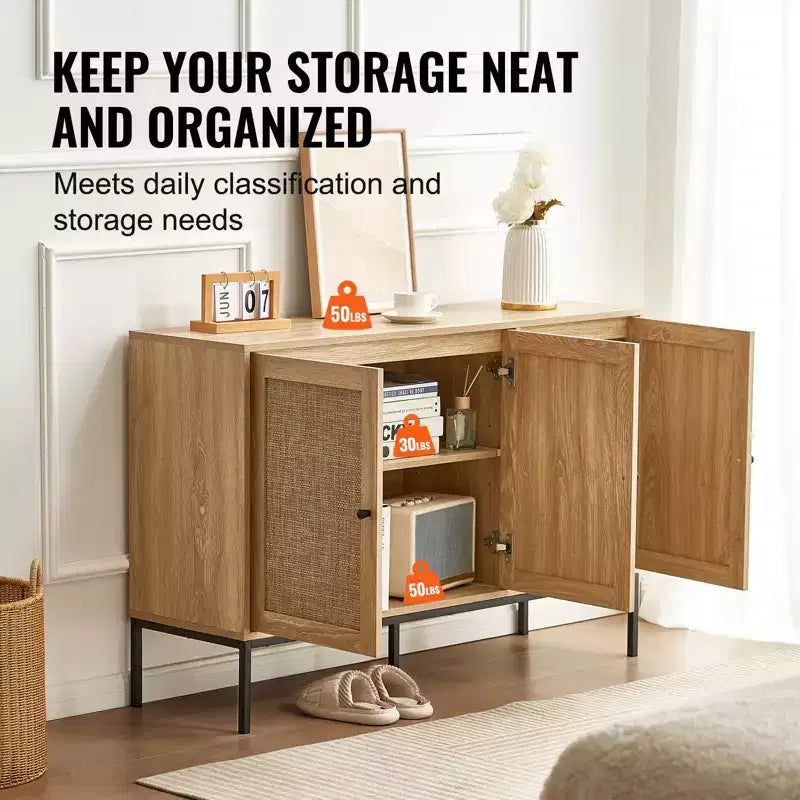 Mobiletto in Rattan, Mobile Credenza in Rattan con 3 Ante Magnetiche e Ripiani Regolabili, Credenza a Buffet per Ingresso, Corridoio