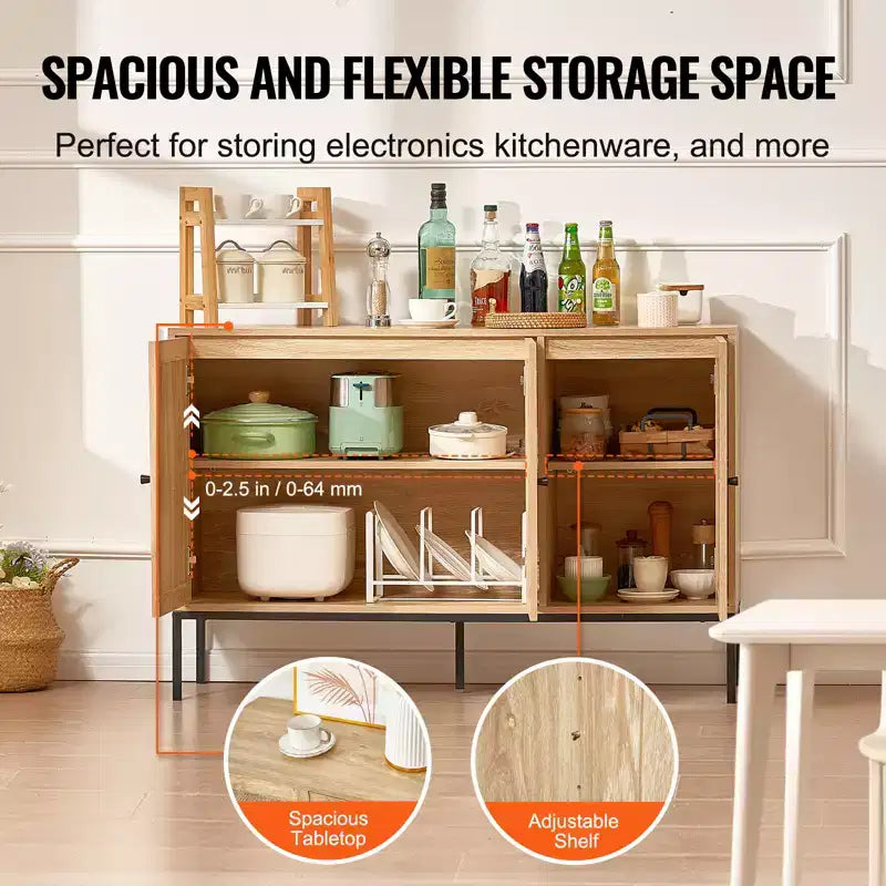 Mobiletto in Rattan, Mobile Credenza in Rattan con 3 Ante Magnetiche e Ripiani Regolabili, Credenza a Buffet per Ingresso, Corridoio