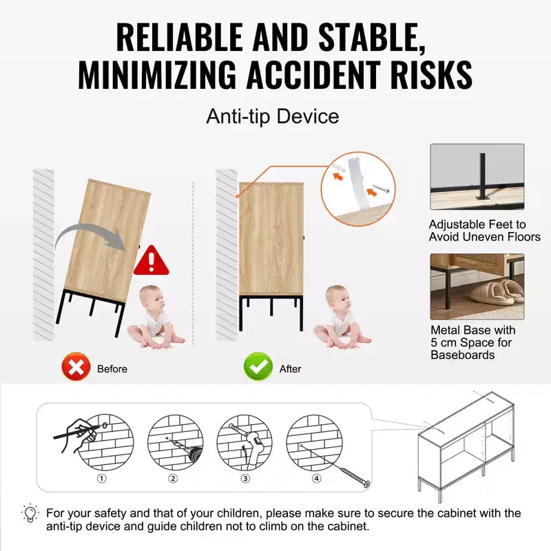 Mobiletto in Rattan, Mobile Credenza in Rattan con 3 Ante Magnetiche e Ripiani Regolabili, Credenza a Buffet per Ingresso, Corridoio