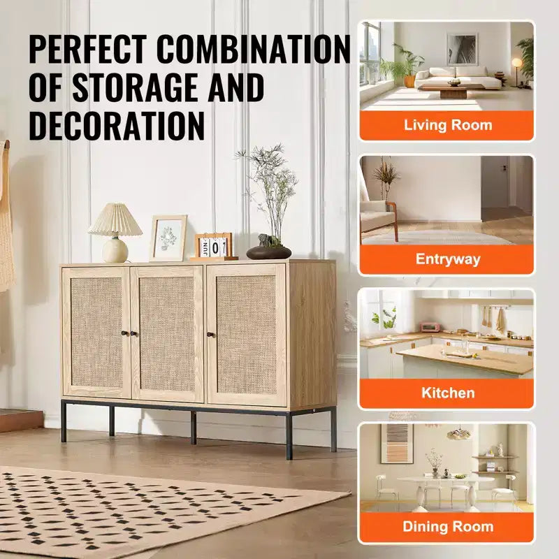 Mobiletto in Rattan, Mobile Credenza in Rattan con 3 Ante Magnetiche e Ripiani Regolabili, Credenza a Buffet per Ingresso, Corridoio